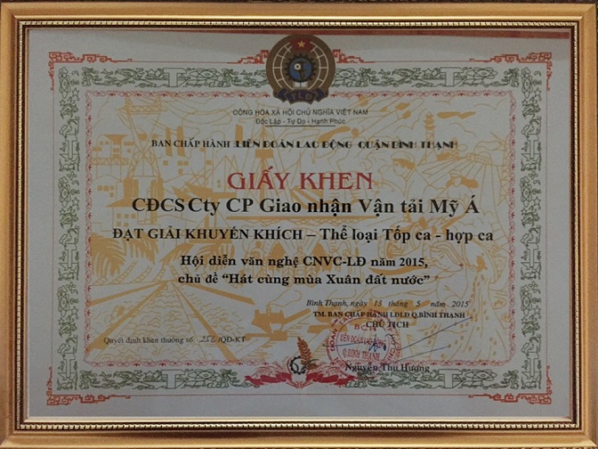 Giấy khen Công Đoàn ASL đạt giải khuyến khích Hội diễn văn nghệ CNVC 2015