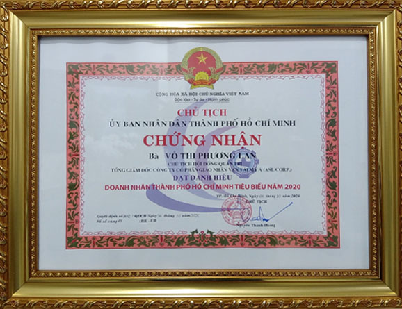 Chứng Nhận Doanh Nhân Thành Phố Hồ Chí Minh Tiêu Biểu Năm 2020