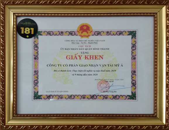 Bằng khen của ủy ban Nhân Dân Quận Bình Thạnh về thực hiện tốt nghĩa vụ nộp thuế năm 2019