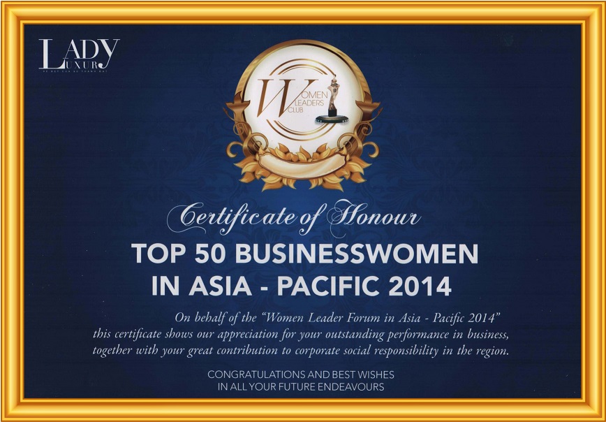 Chứng nhận Top 50 Businesswomen in Asia - Pacific 2014