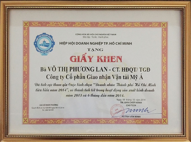 Giấy khen đạt Doanh Nhân Tp. Hồ Chí Minh tiêu biểu 2014