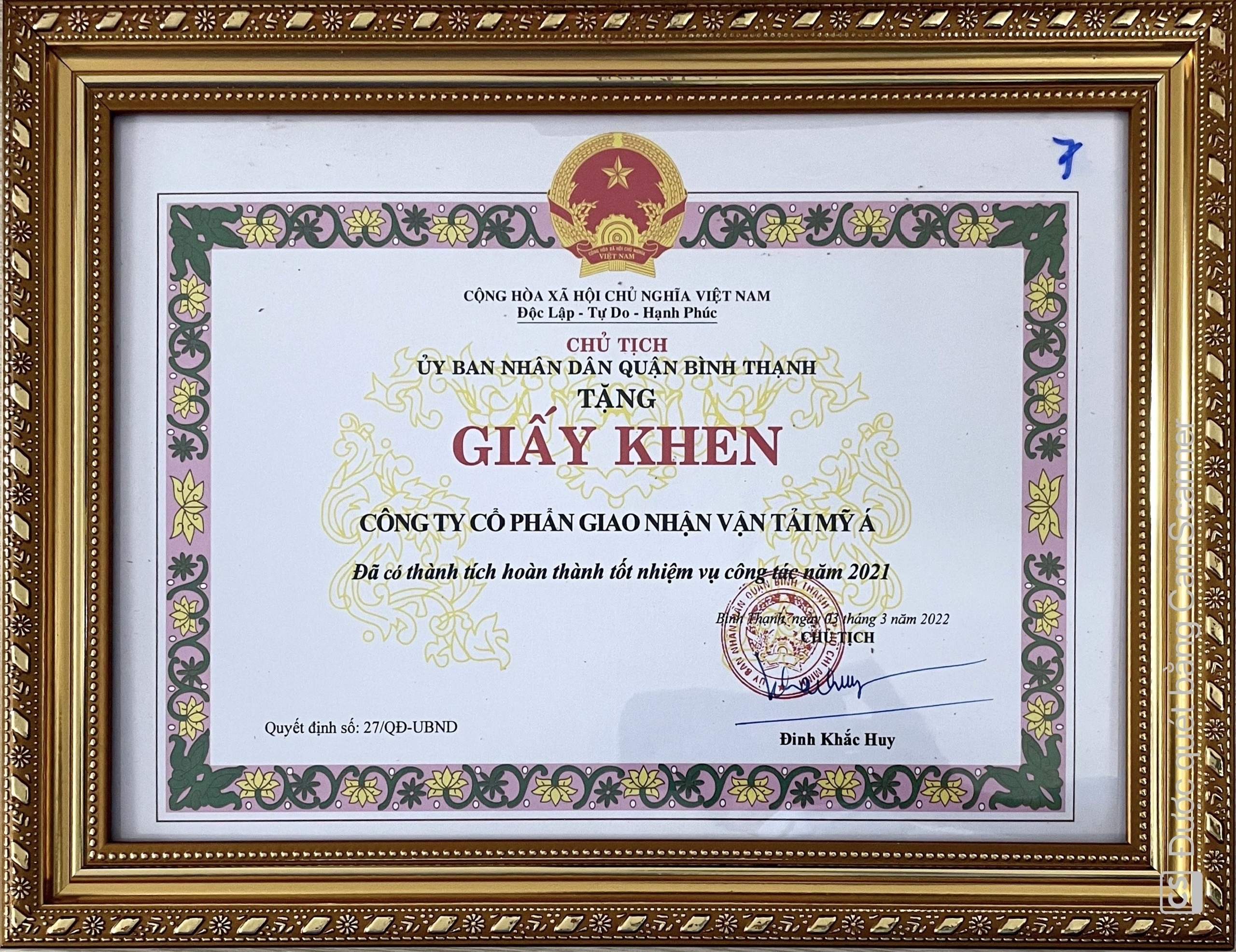 Bằng Khen của ủy ban Nhân Dân quận Bình Thạnh về hoàn thành tốt nhiệm vụ công tác năm 2021