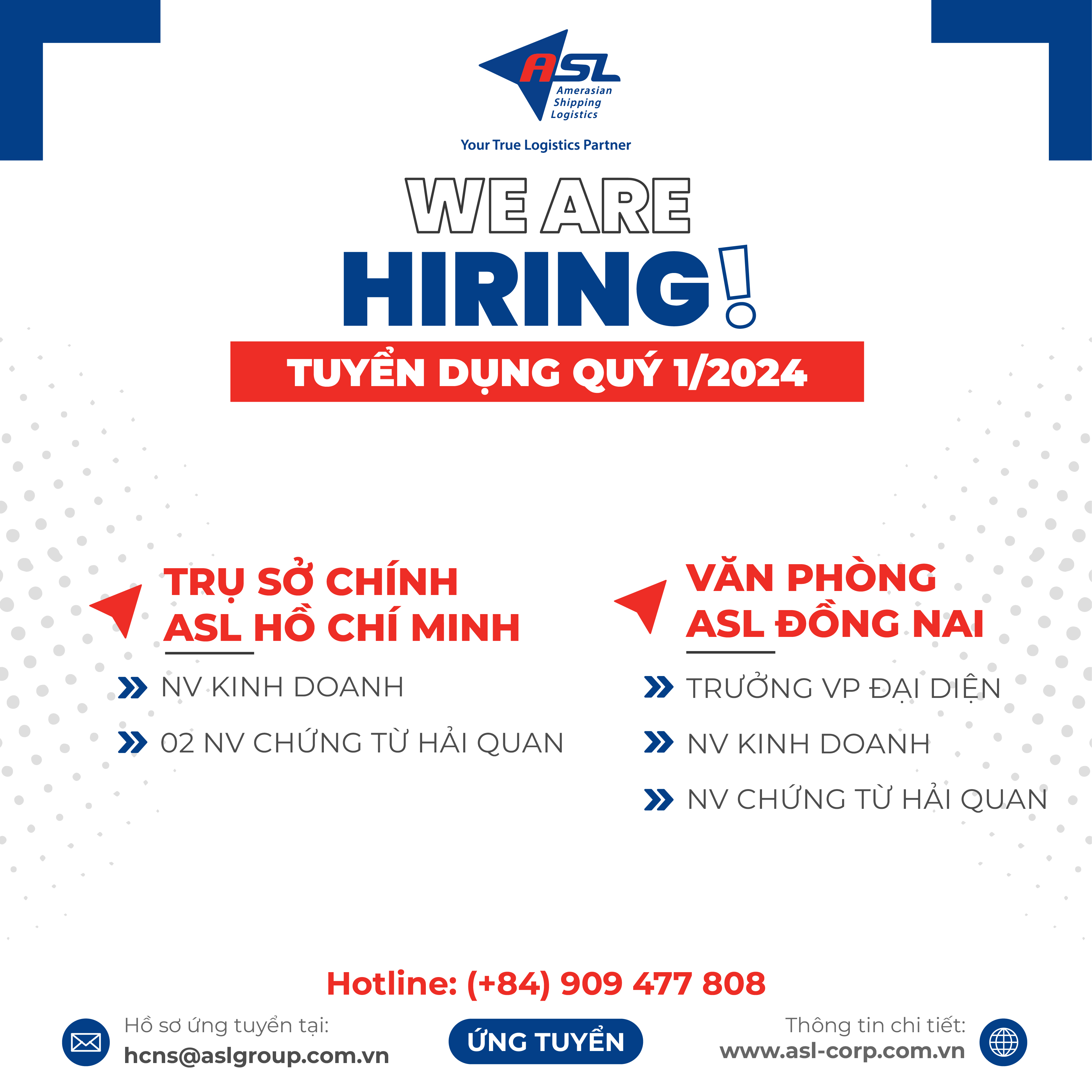 ASL LOGISTICS THÔNG BÁO TUYỂN DỤNG QUÝ 01 - 2024